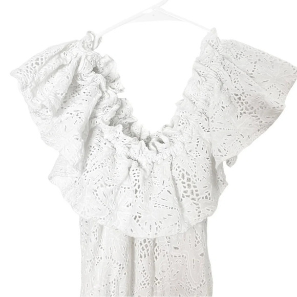 Isolda Eyelet Dress Size Small 4 Off The Shoulder Ruffled White Midi Lace Flare - Picture 4 of 15